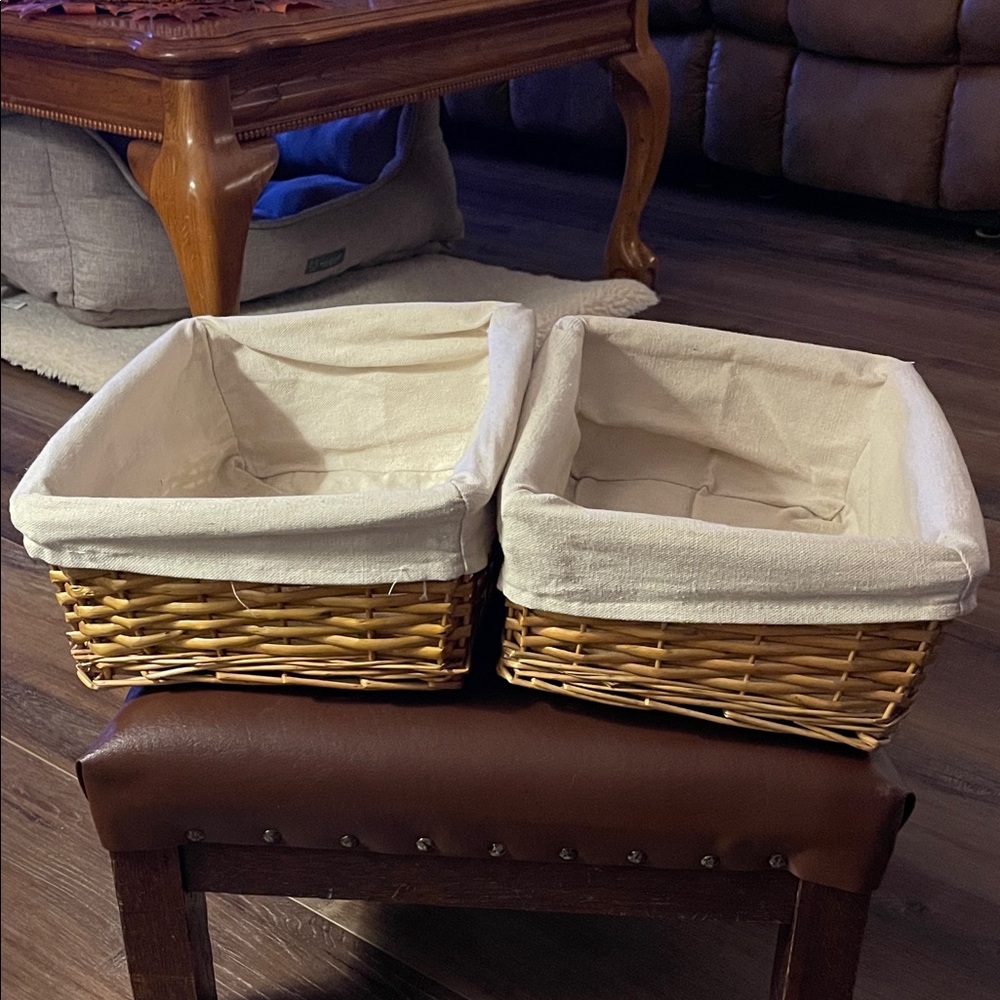 2 Wicker Storage Baskets with Cream Liners